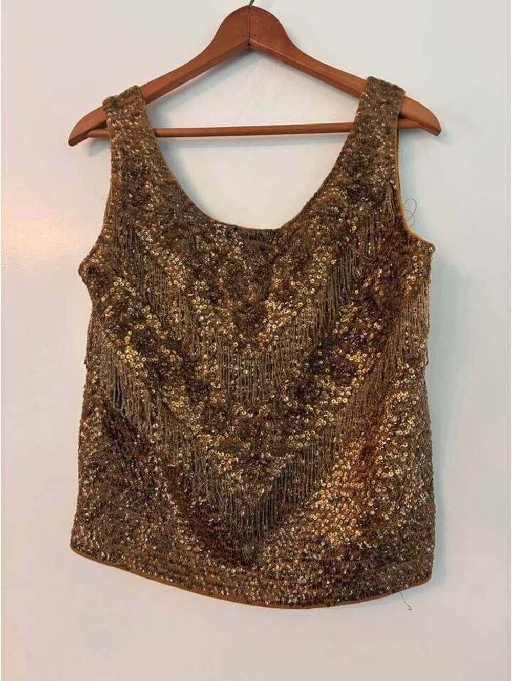 Vintage Gino Minno Designs for Joyce Gold Sequin & Beaded Fringe Top – Size 14